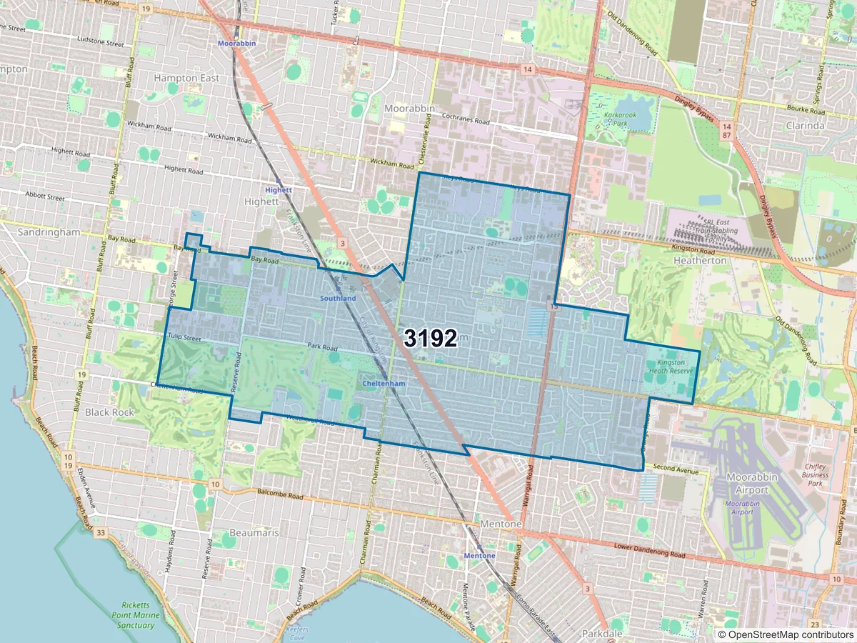 Map of postcode 3192 — Cheltenham, VIC, Australia