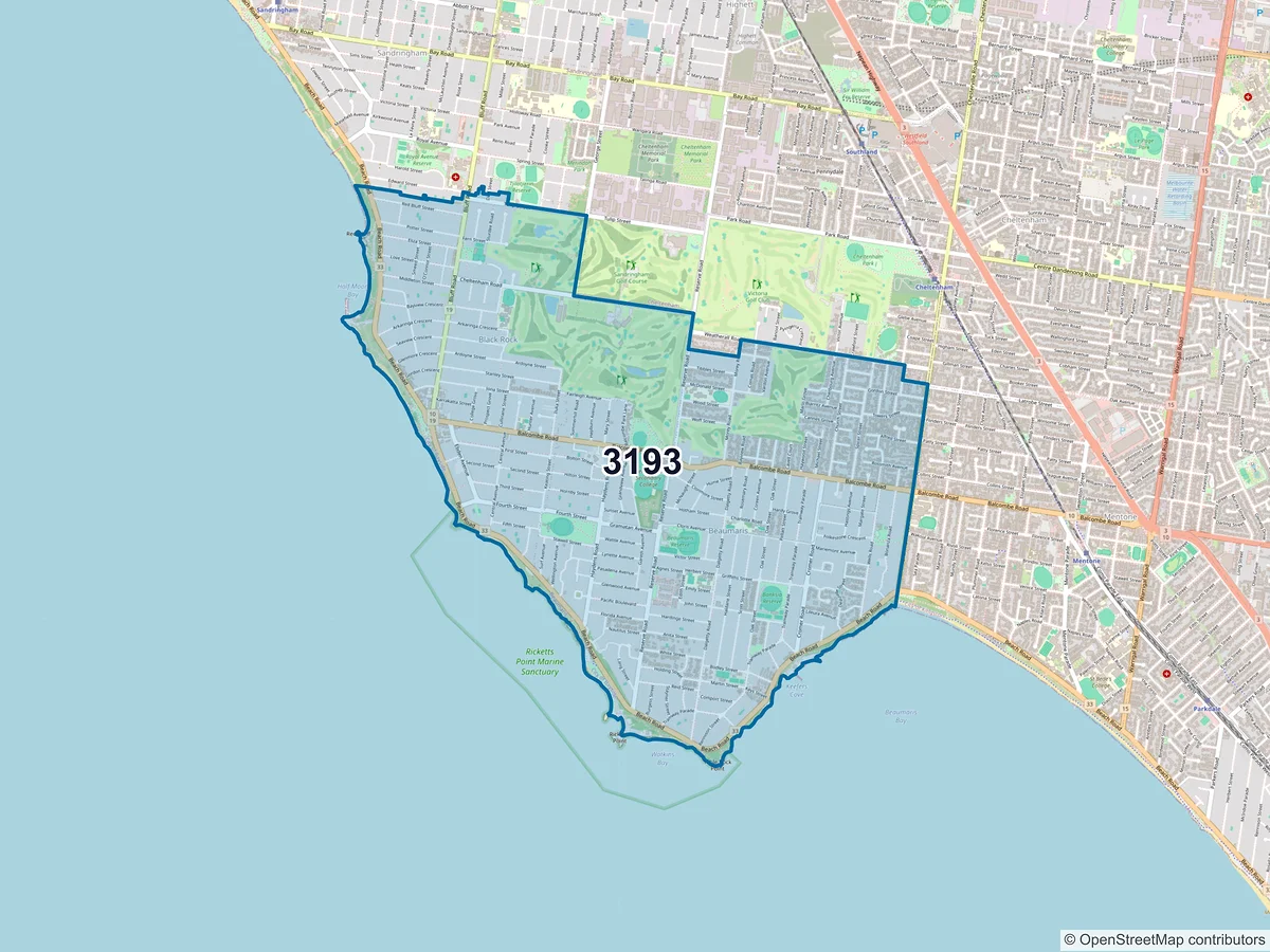 Map of postcode 3193 — Beaumaris, VIC, Australia