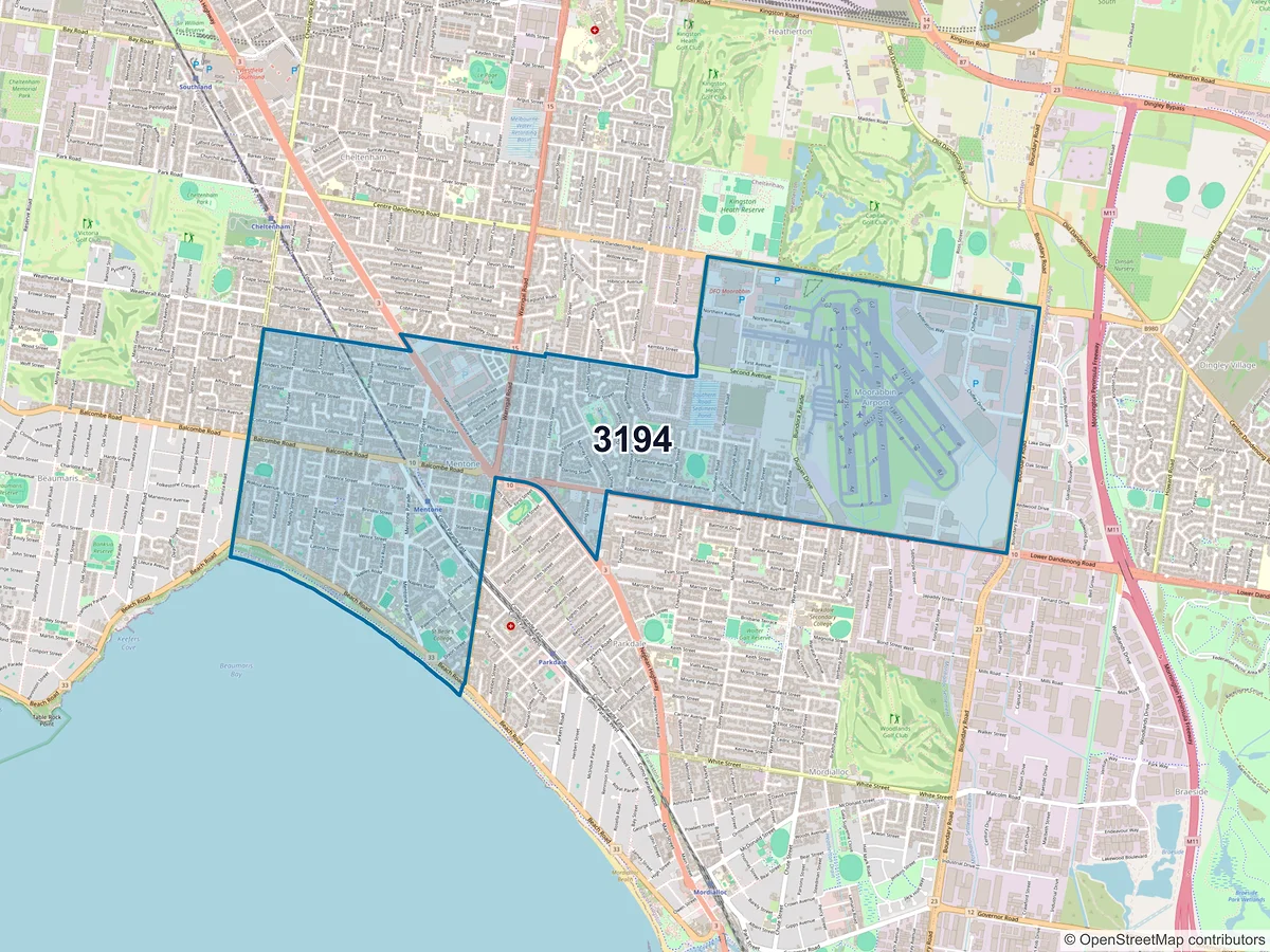 Map of postcode 3194 — Mentone, VIC, Australia