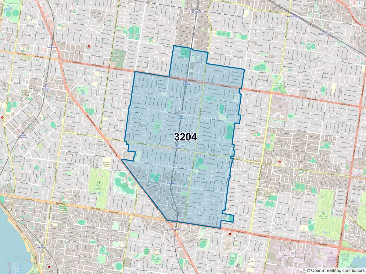 Map of postcode 3204 — Bentleigh, VIC, Australia