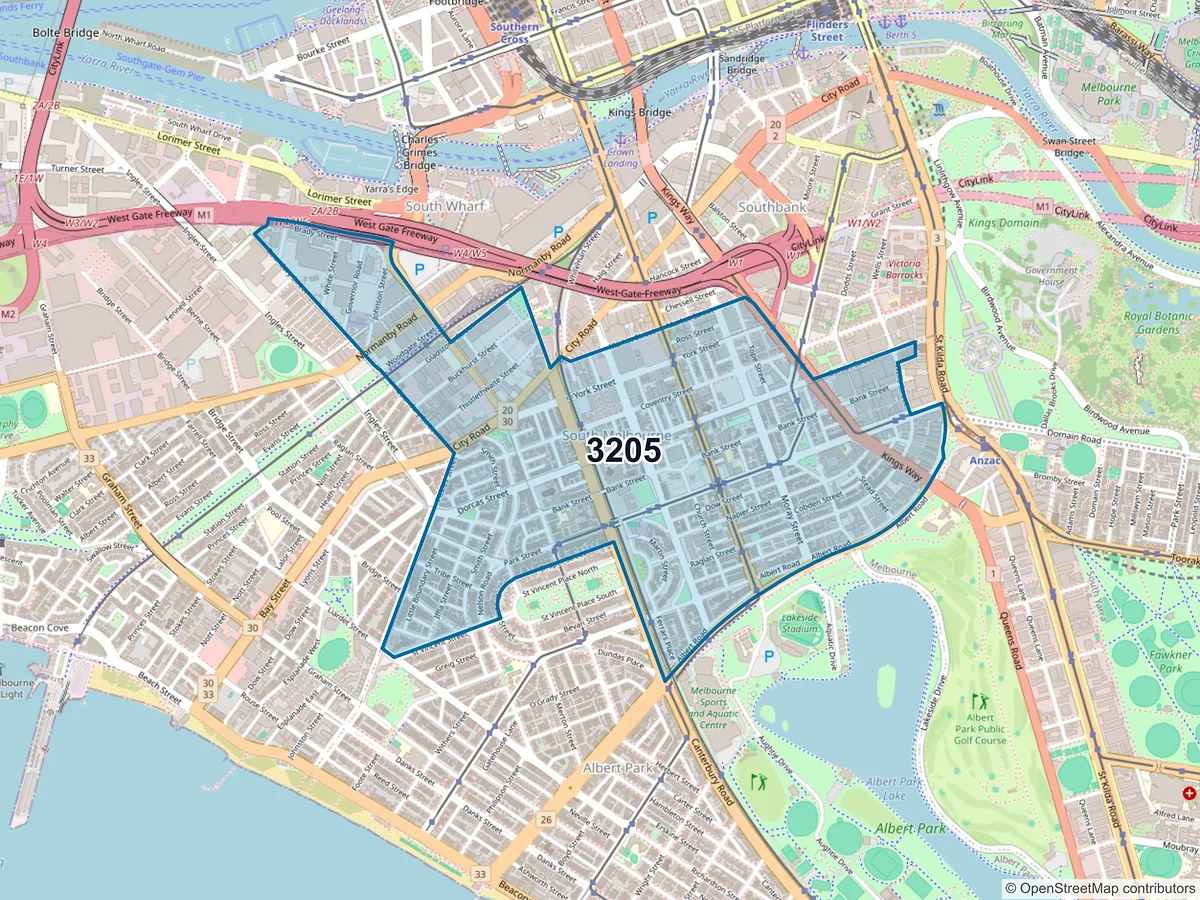 Map of postcode 3205 — South Melbourne, VIC, Australia