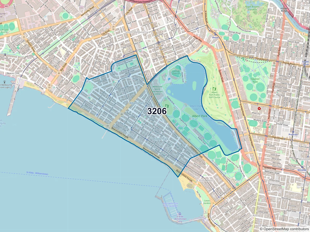 Map of postcode 3206 — Albert Park, VIC, Australia