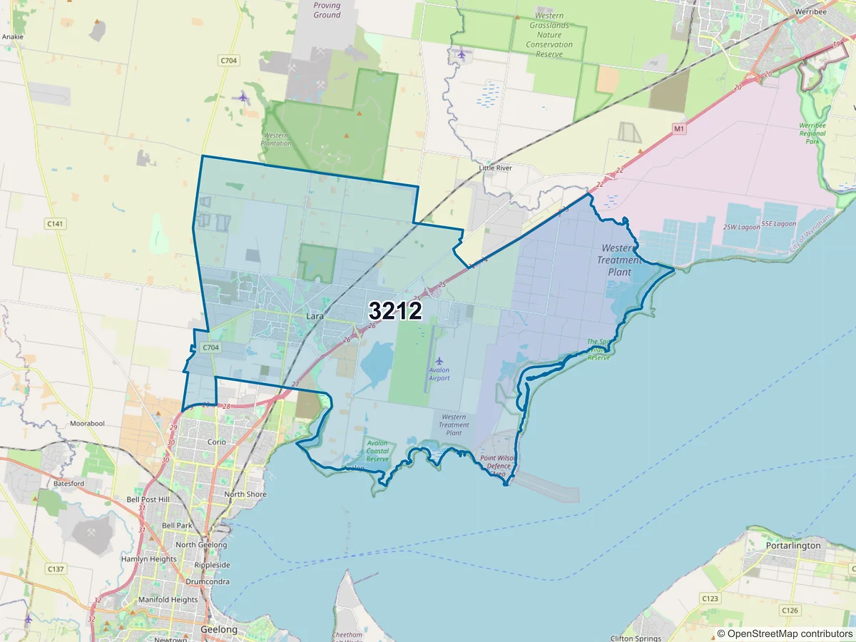 Map of postcode 3212 — Lara, VIC, Australia