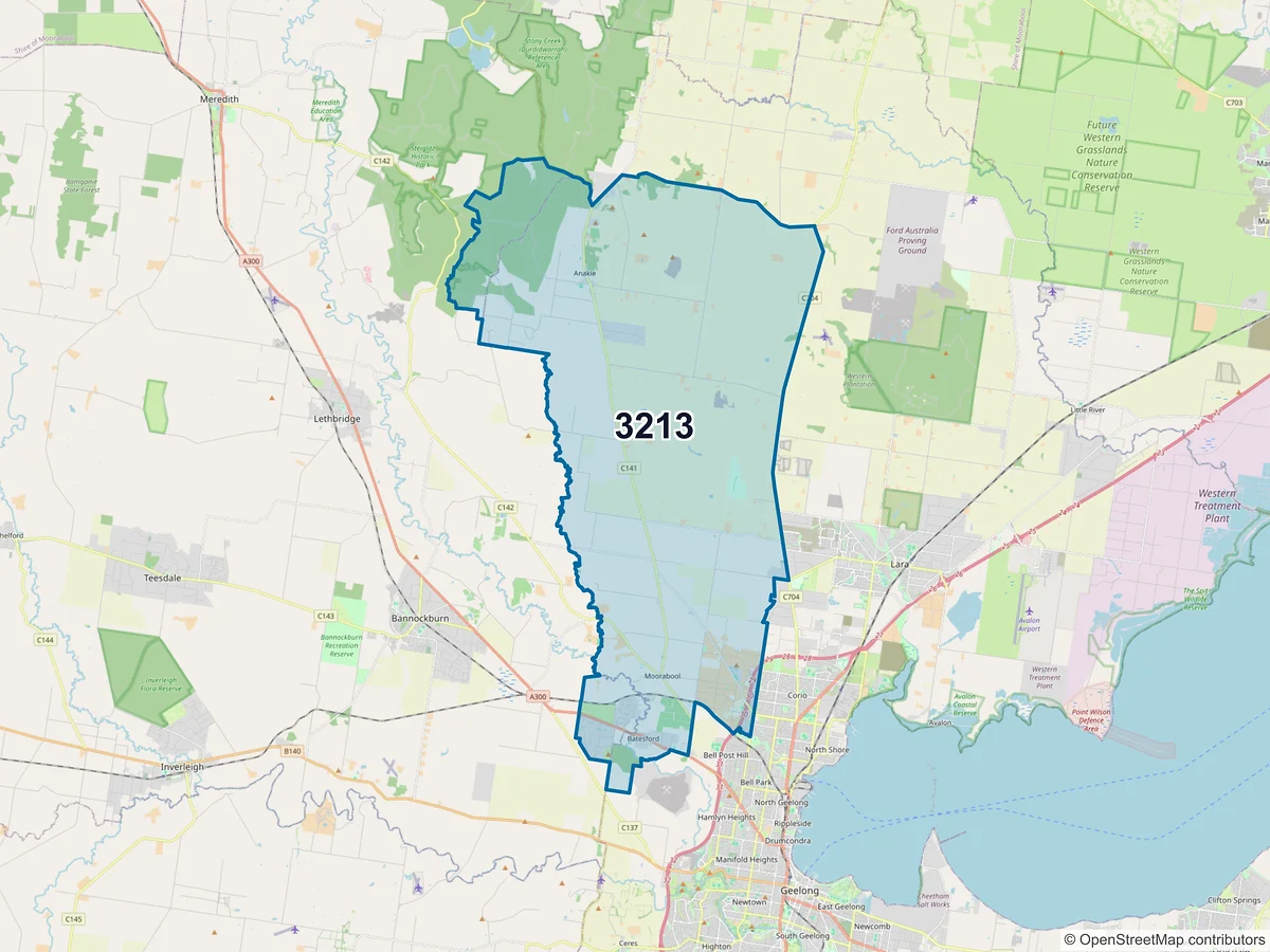 Map of postcode 3213 — Lovely Banks, VIC, Australia