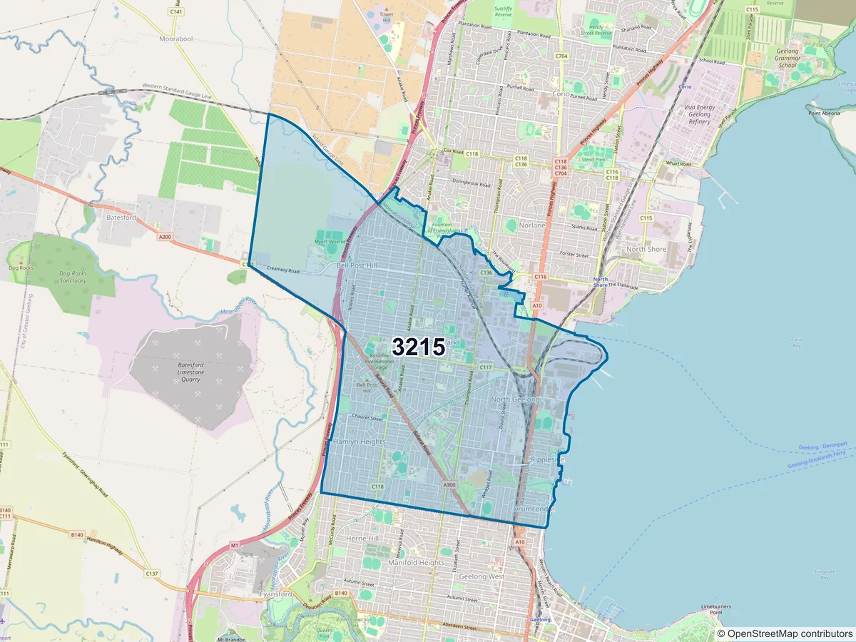 Map of postcode 3215 — Hamlyn Heights, VIC, Australia