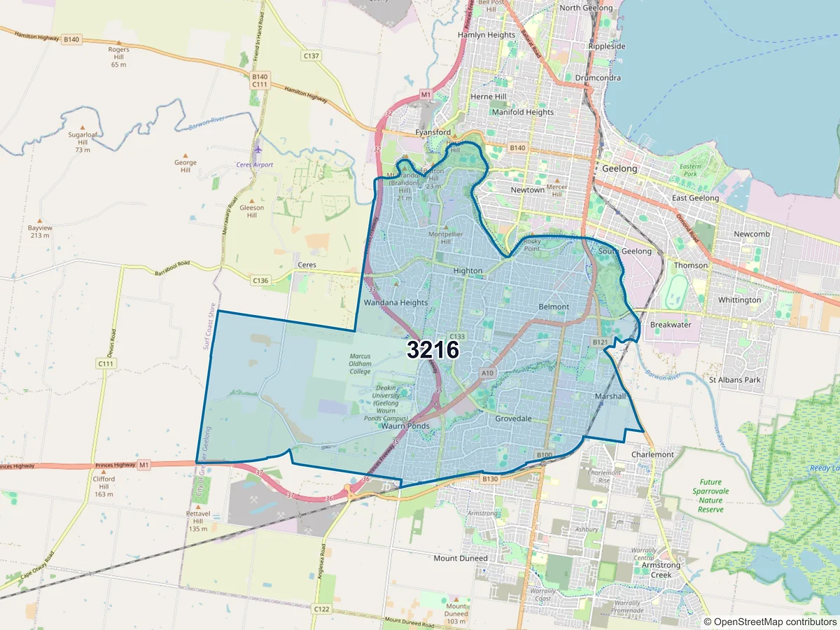 Map of postcode 3216 — Highton, VIC, Australia
