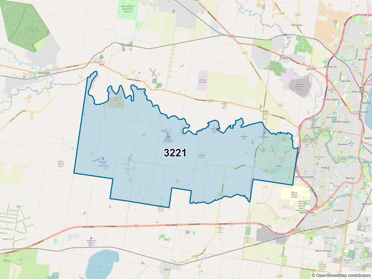 Map of postcode 3221 — Gnarwarre, VIC, Australia