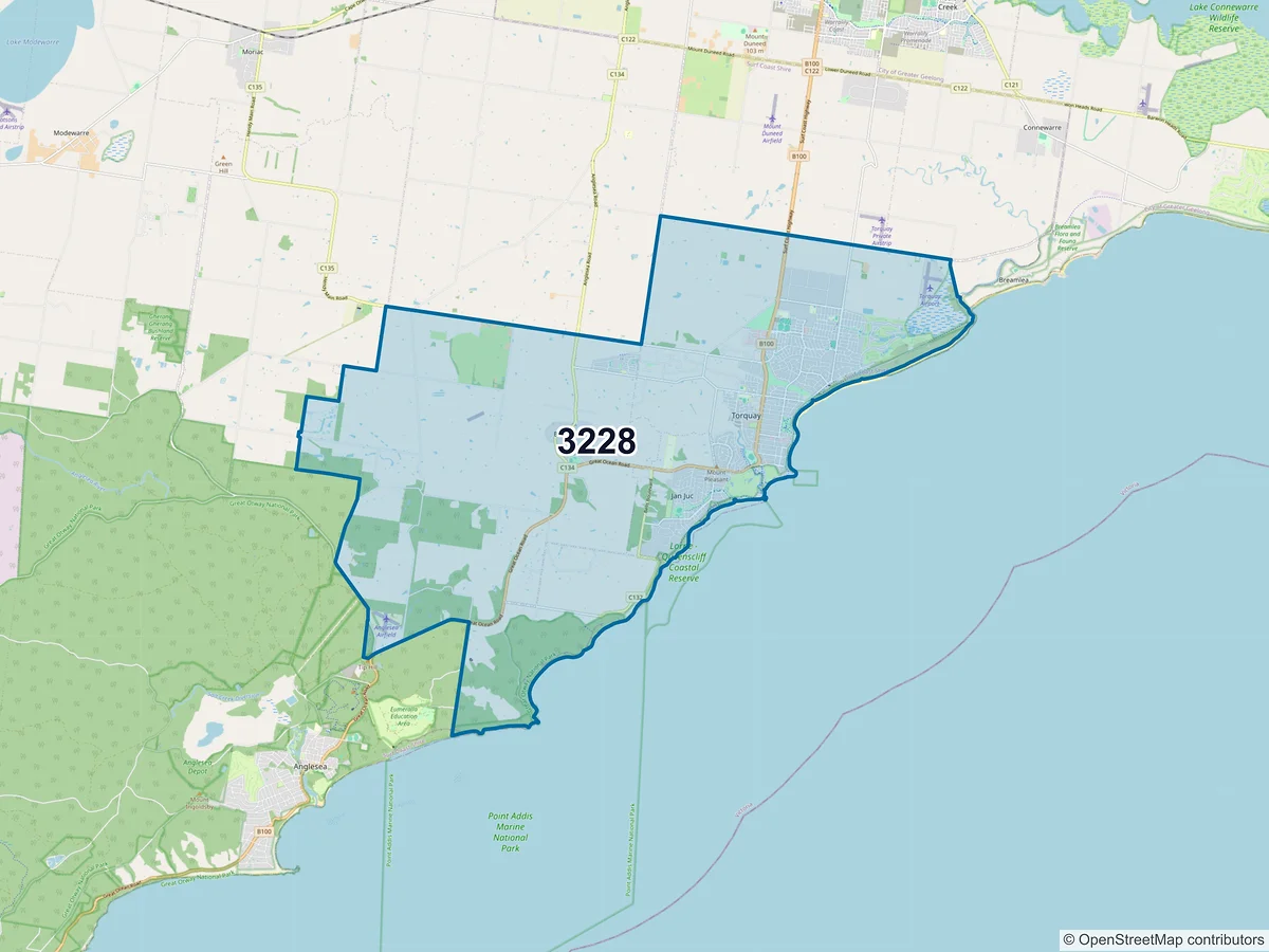 Map of postcode 3228 — Torquay, VIC, Australia