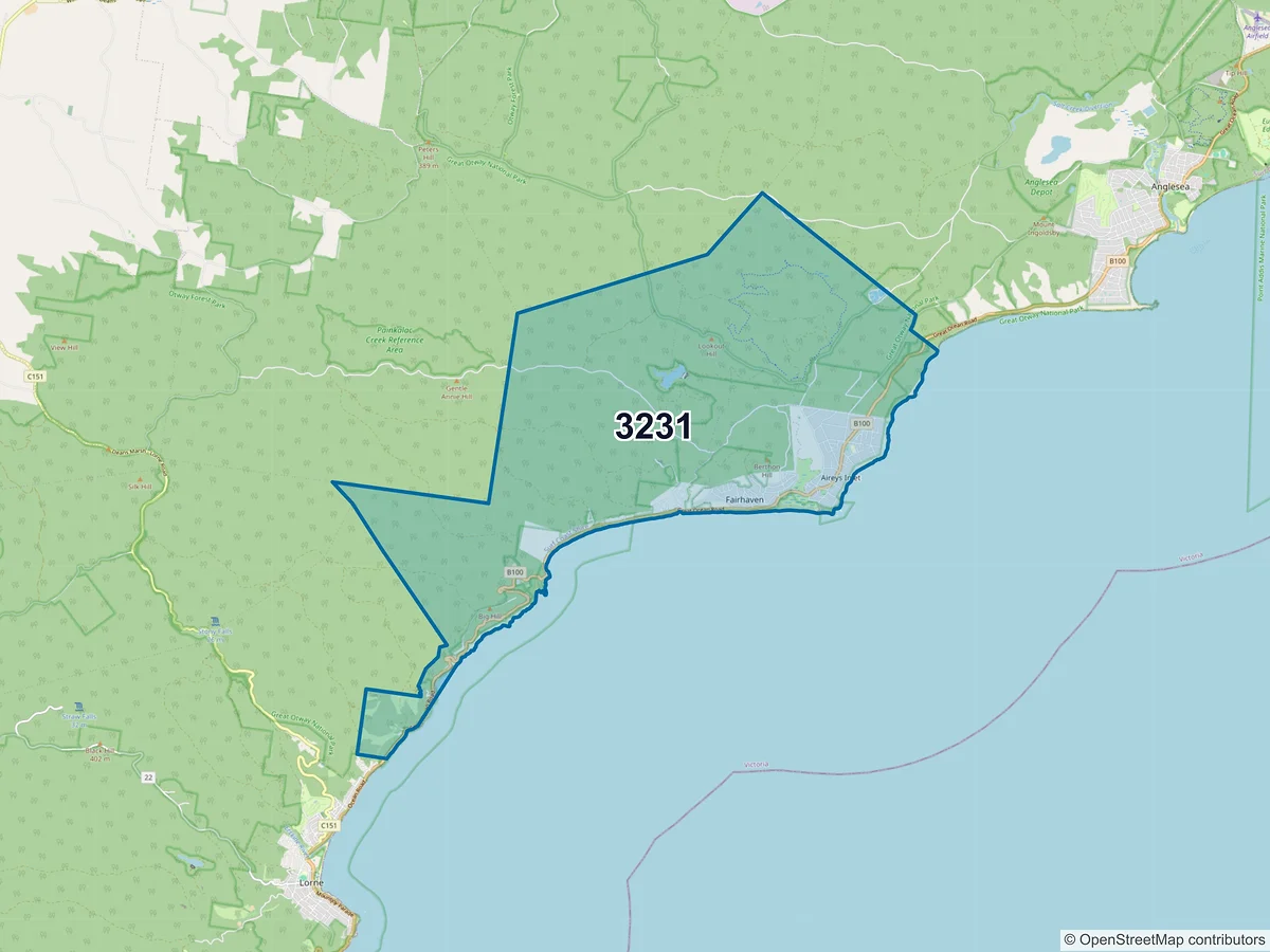 Map of postcode 3231 — Aireys Inlet, VIC, Australia