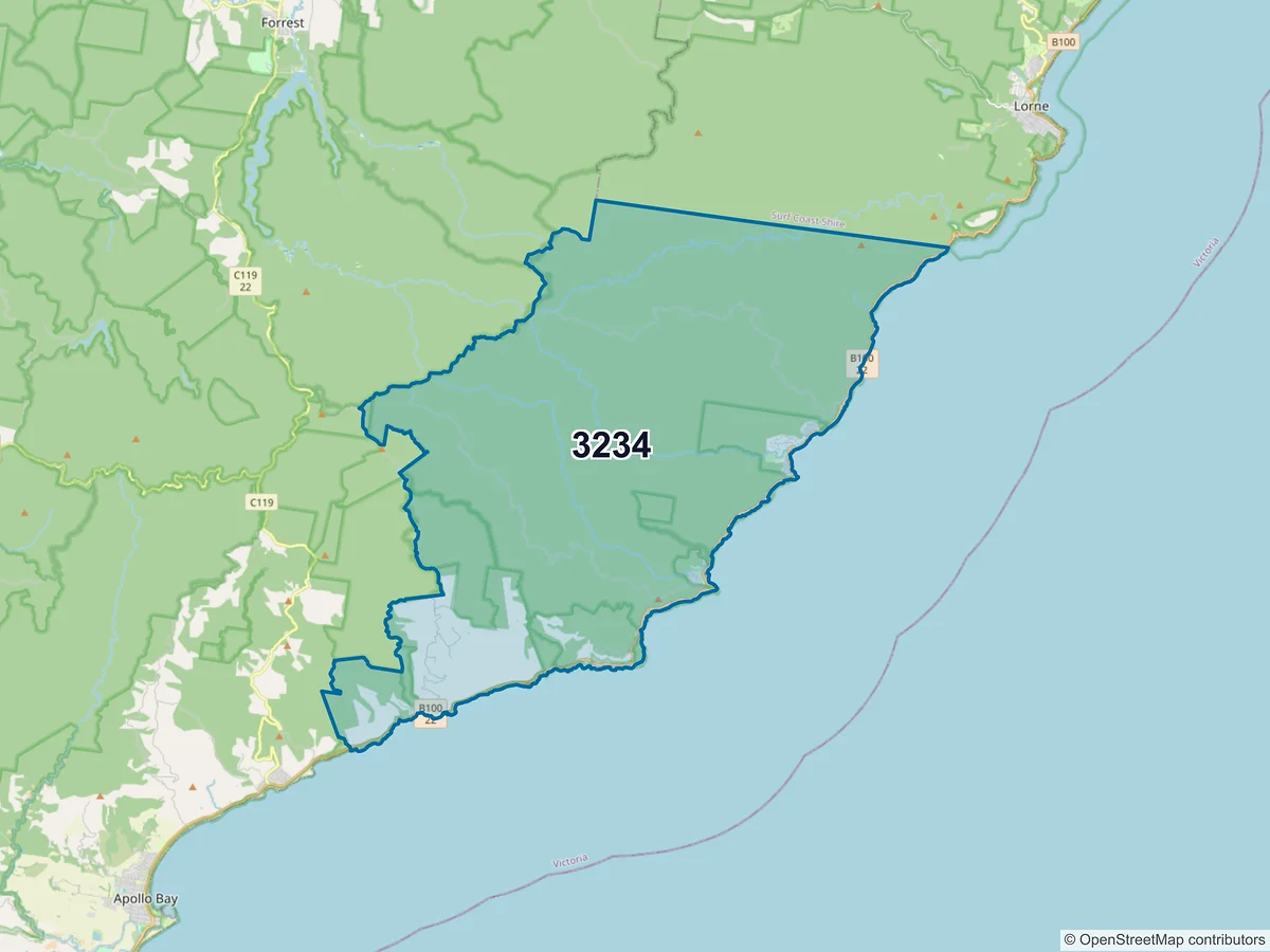Map of postcode 3234 — Wye River, VIC, Australia