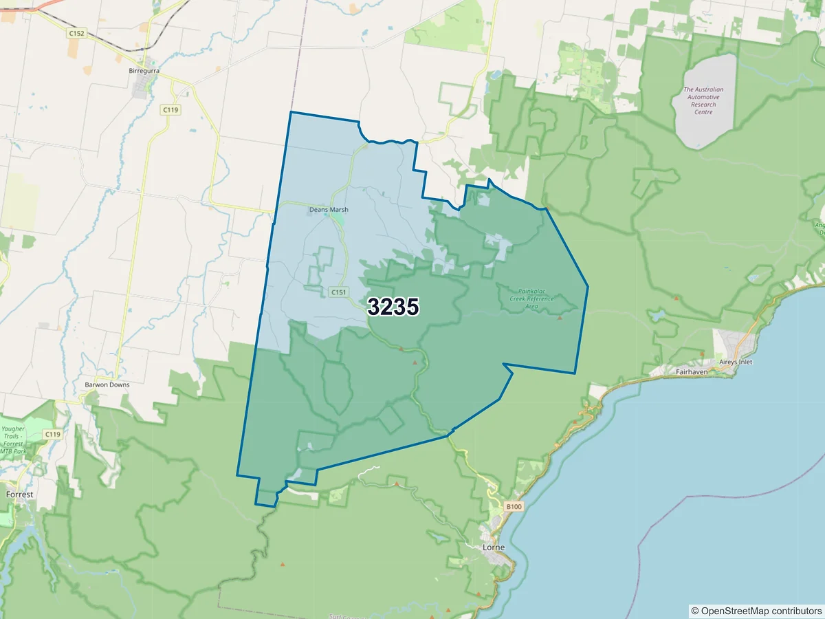 Map of postcode 3235 — Deans Marsh, VIC, Australia