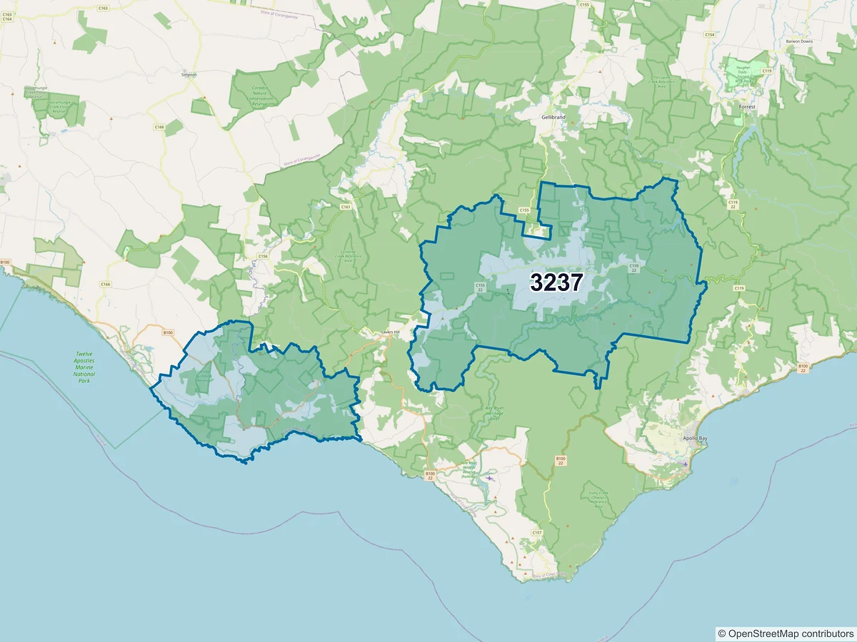 Map of postcode 3237 — Beech Forest, VIC, Australia