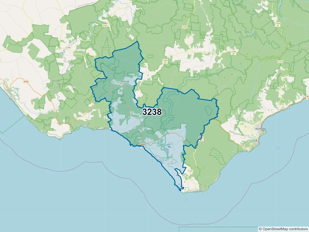 Map of postcode 3238 — Lavers Hill, VIC, Australia