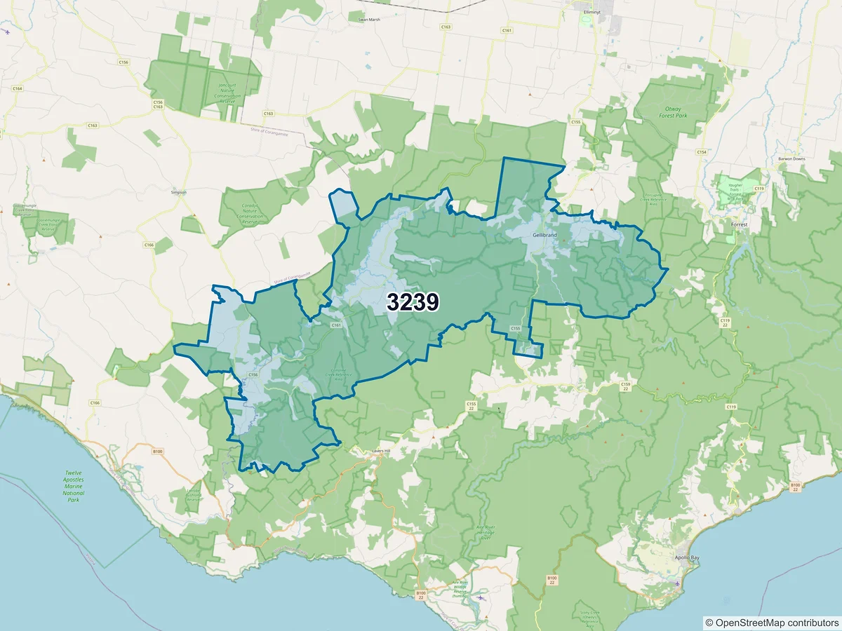 Map of postcode 3239 — Gellibrand, VIC, Australia