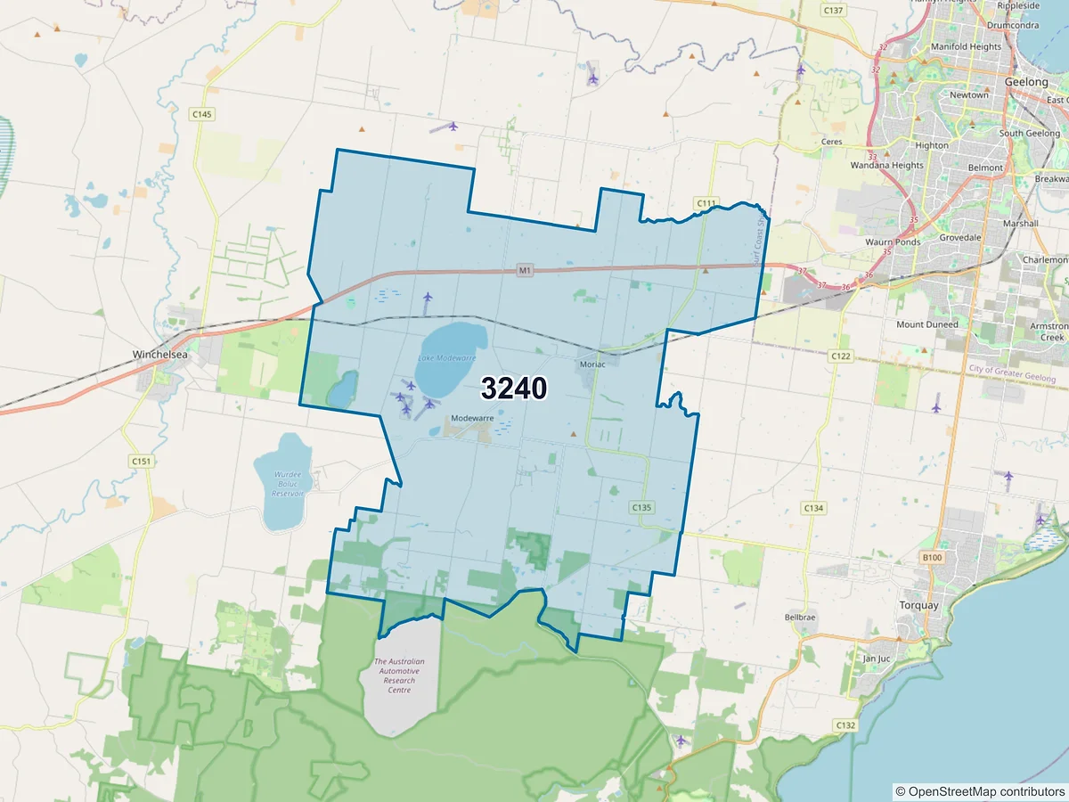 Map of postcode 3240 — Moriac, VIC, Australia