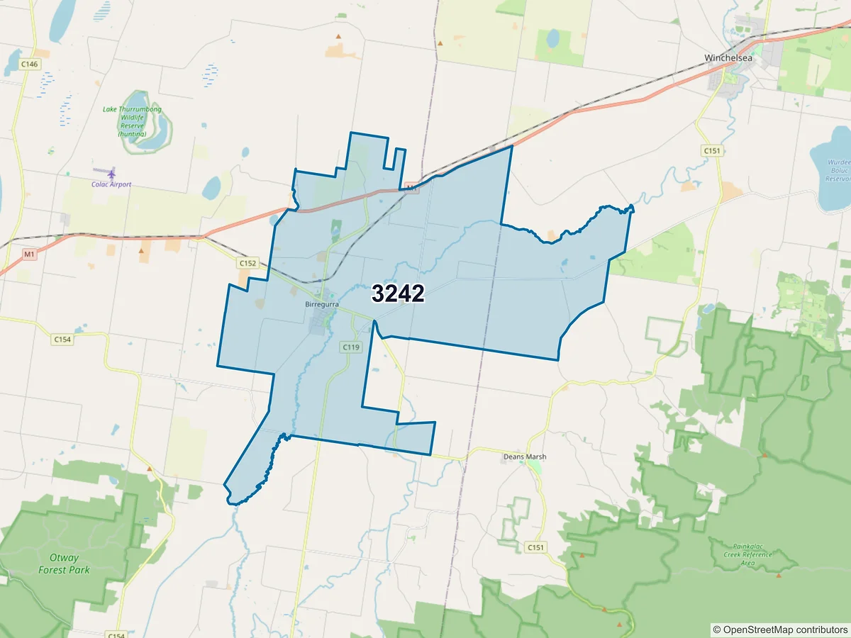 Map of postcode 3242 — Birregurra, VIC, Australia