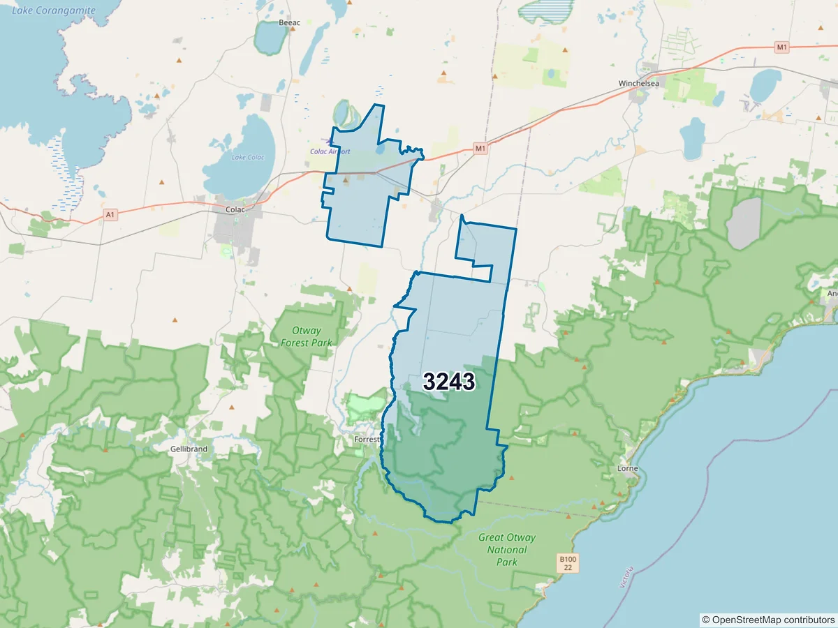Map of postcode 3243 — Barwon Downs, VIC, Australia