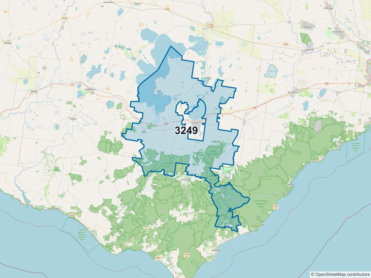 Map of postcode 3249 — Irrewarra, VIC, Australia