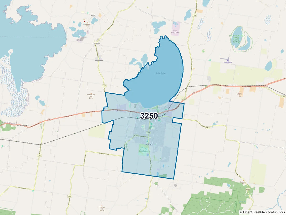Map of postcode 3250 — Colac, VIC, Australia