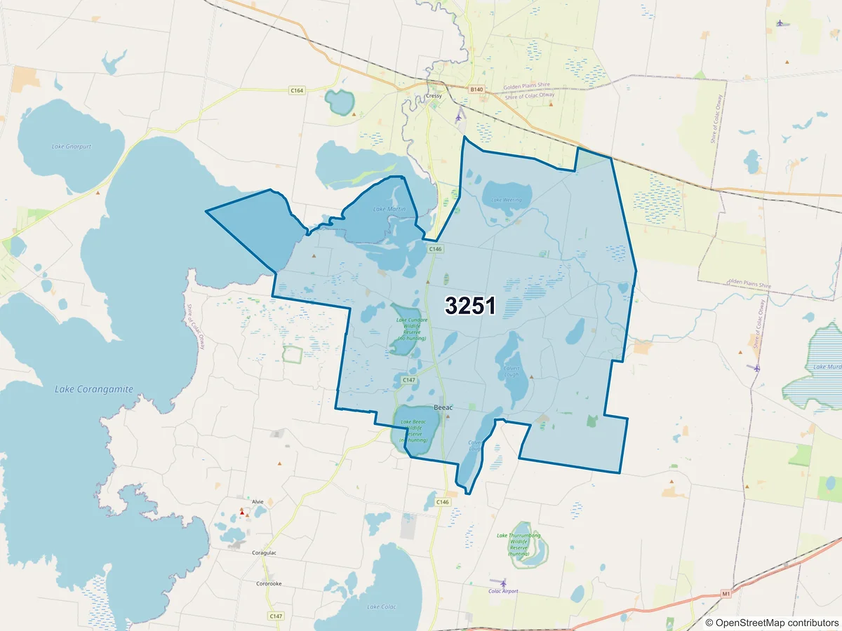 Map of postcode 3251 — Beeac, VIC, Australia