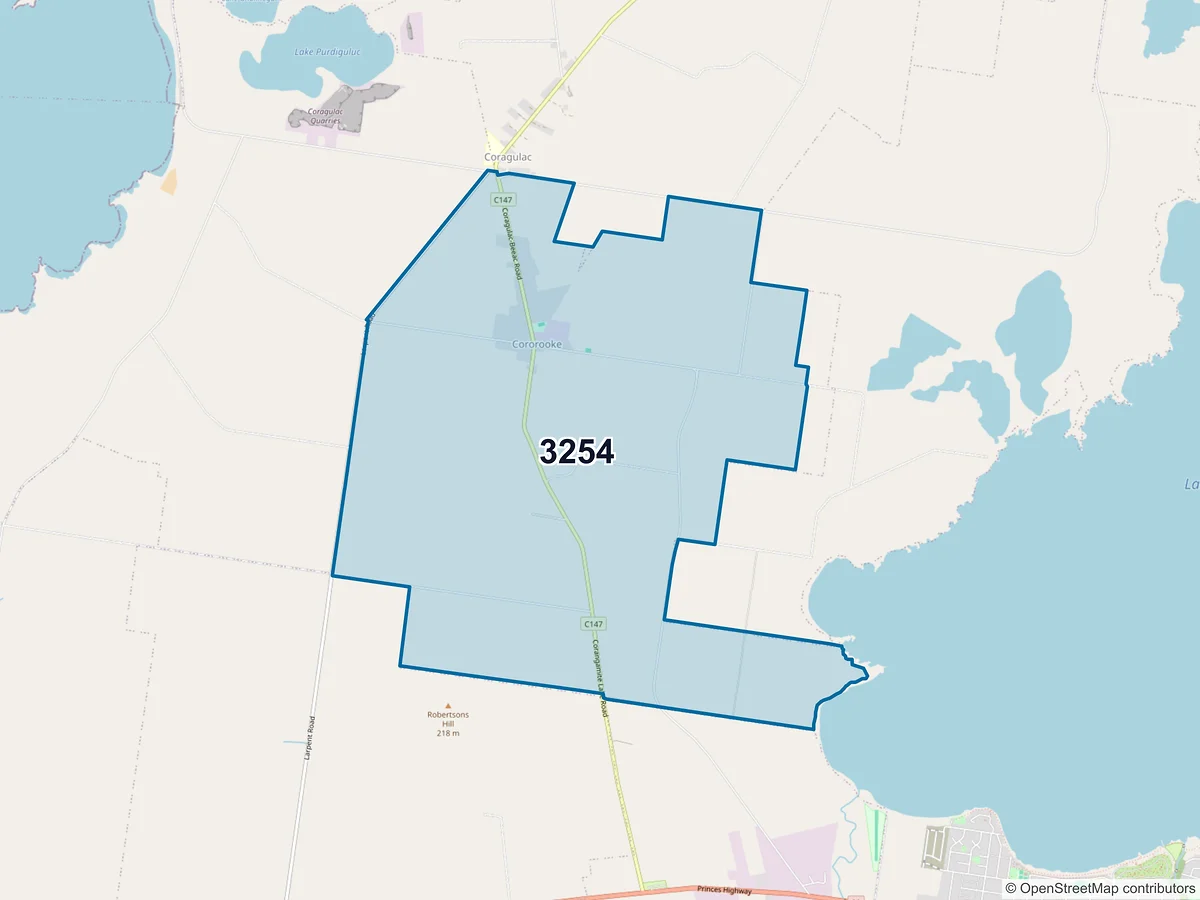 Map of postcode 3254 — Cororooke, VIC, Australia