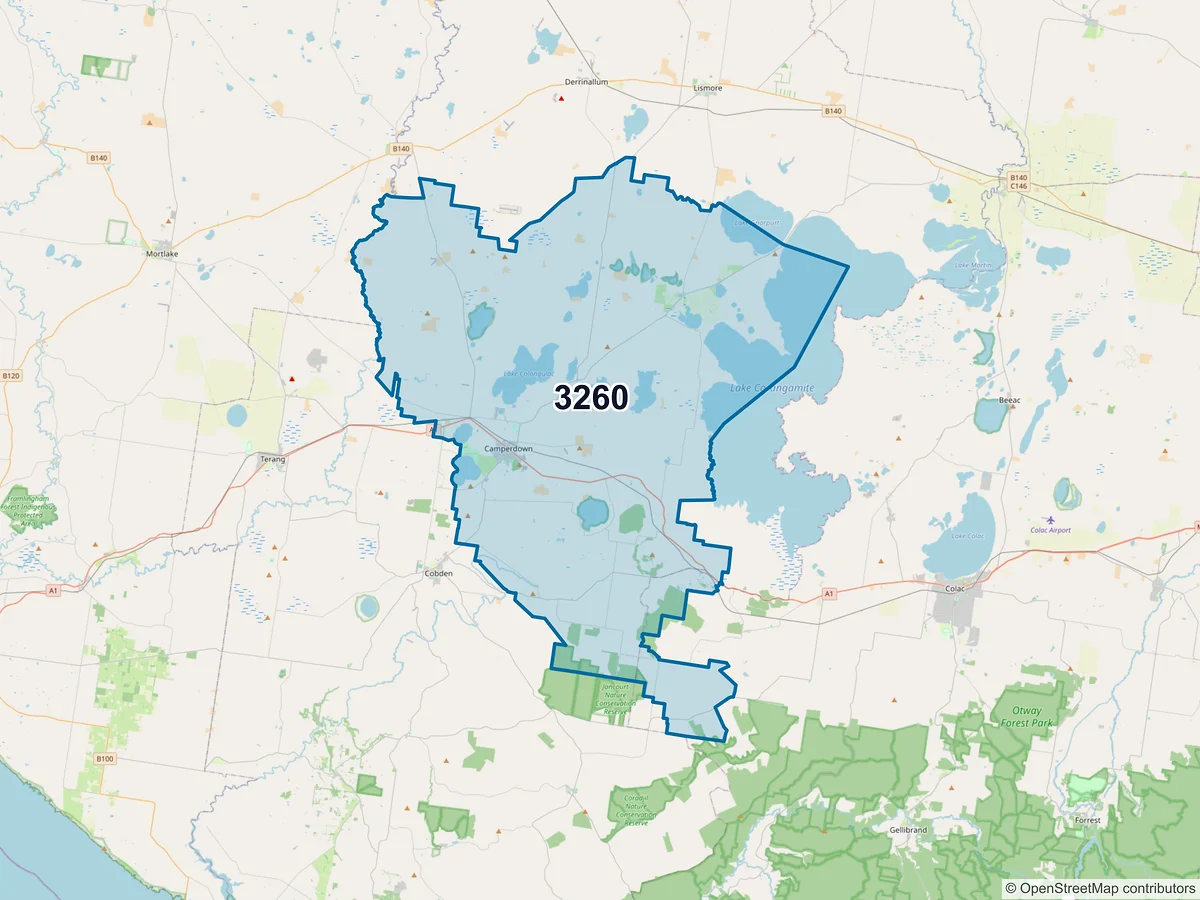 Map of postcode 3260 — Camperdown, VIC, Australia