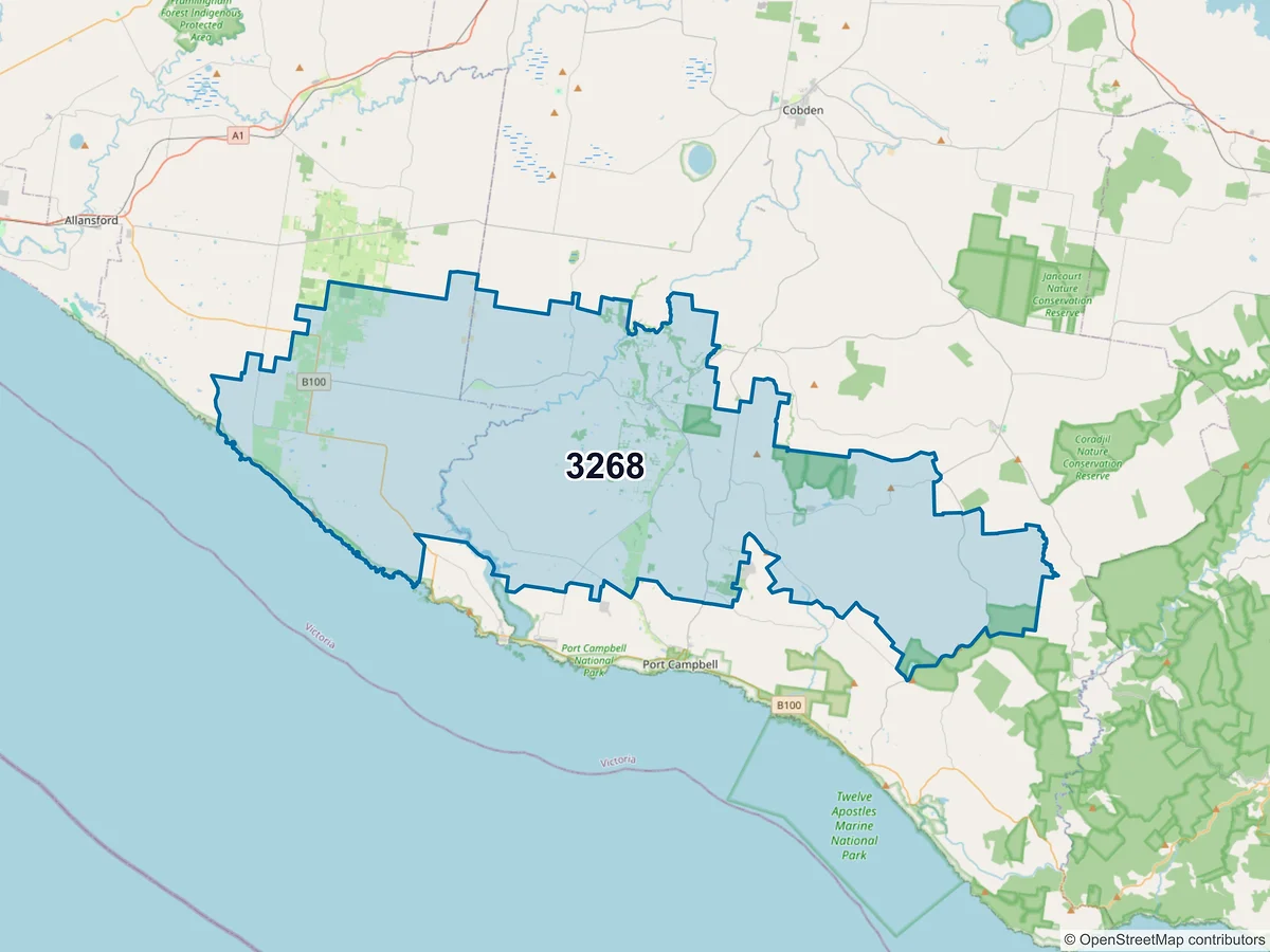 Map of postcode 3268 — Timboon, VIC, Australia