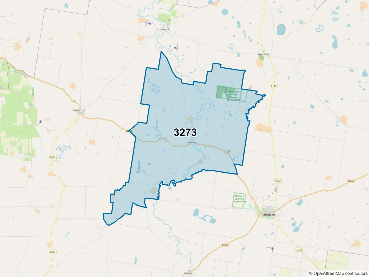 Map of postcode 3273 — Hexham, VIC, Australia