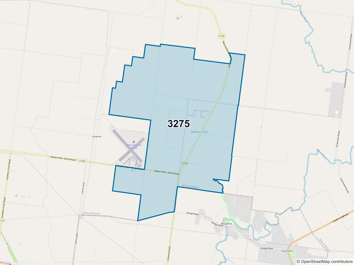 Map of postcode 3275 — Mailors Flat, VIC, Australia