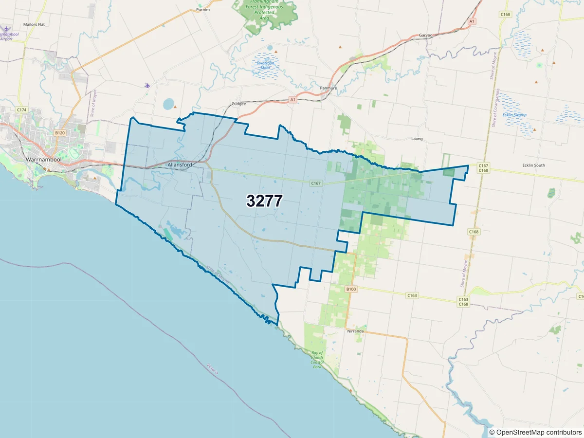 Map of postcode 3277 — Allansford, VIC, Australia