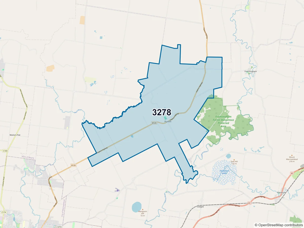 Map of postcode 3278 — Purnim, VIC, Australia