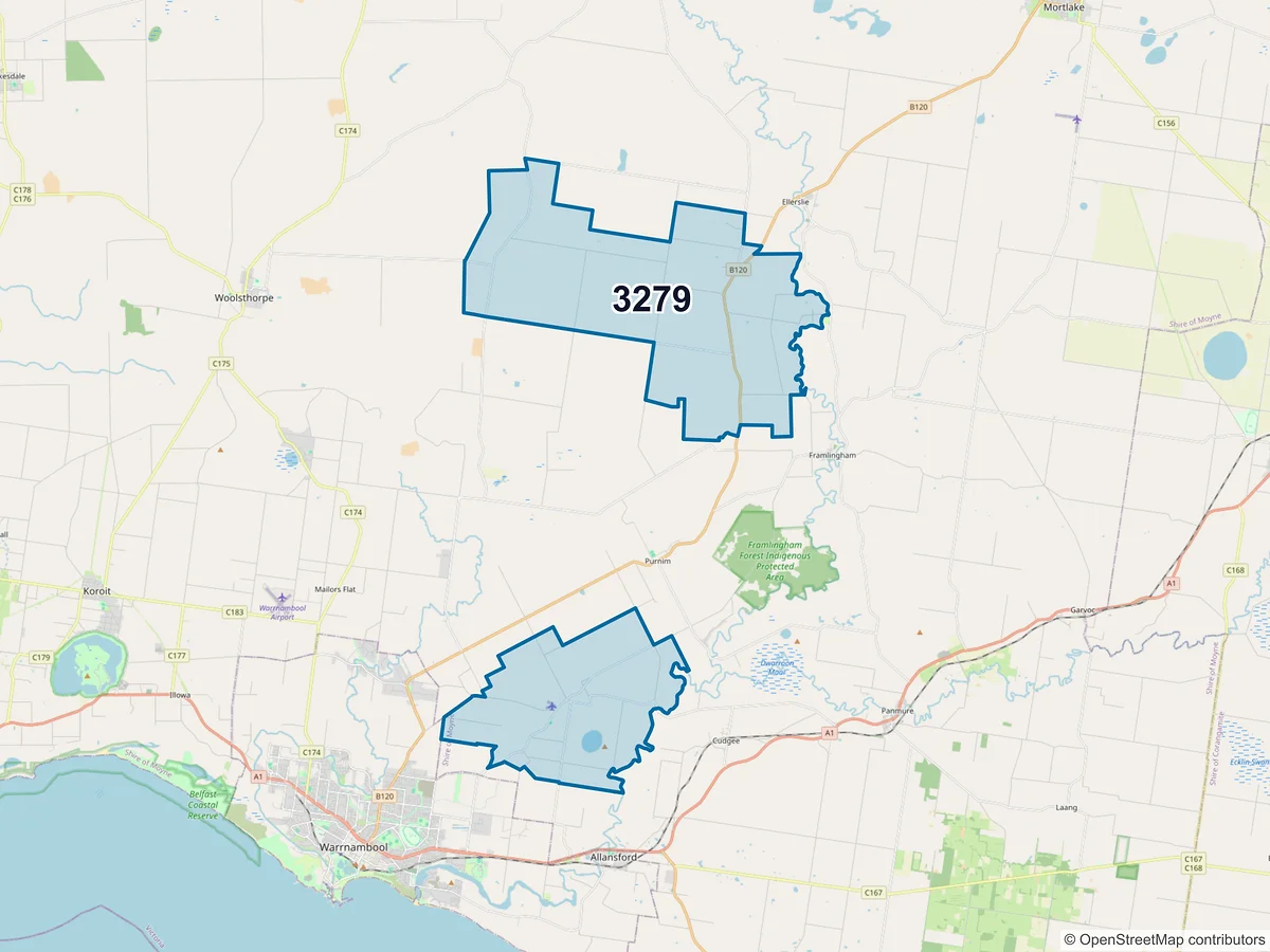 Map of postcode 3279 — Wangoom, VIC, Australia