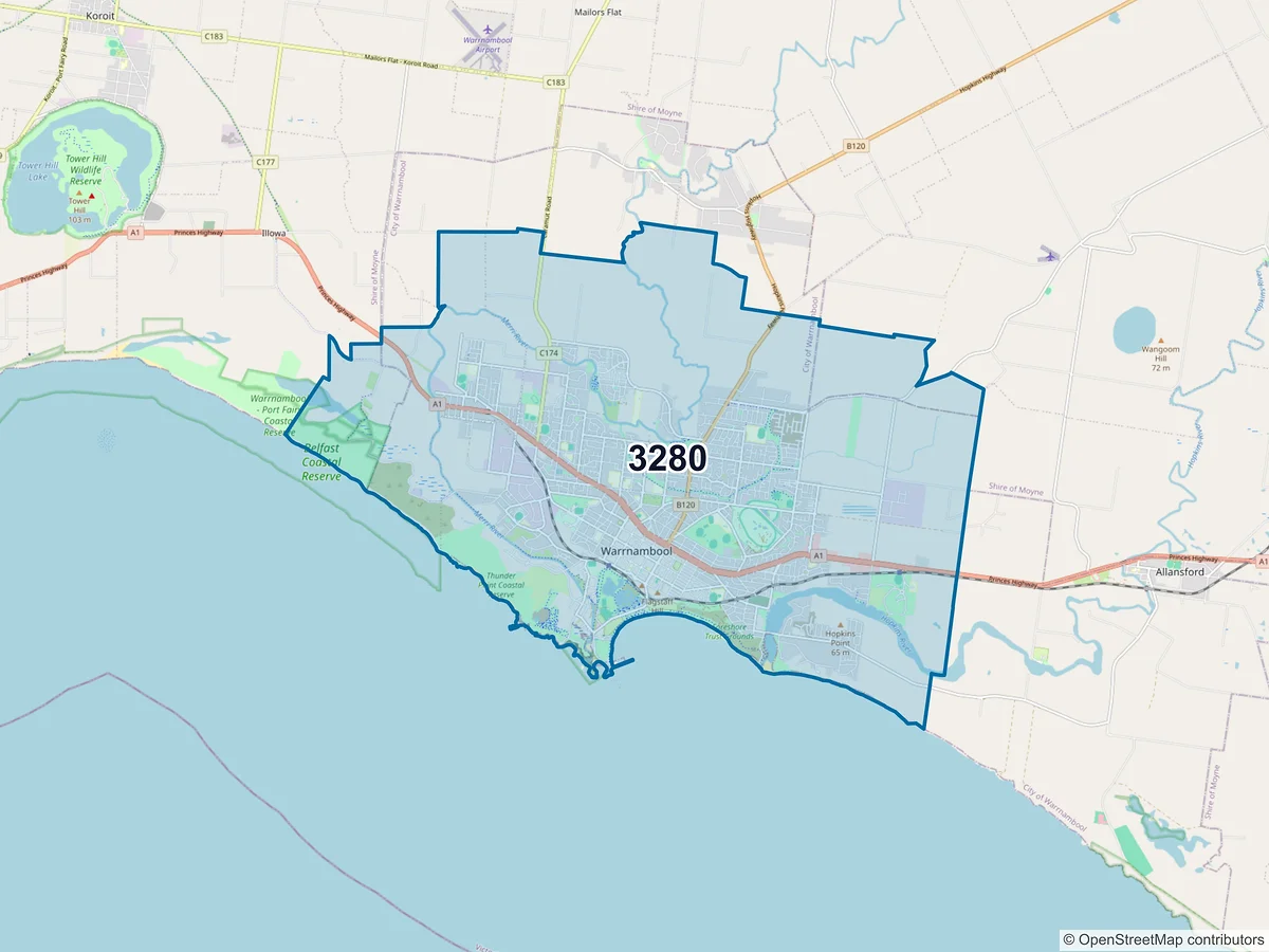 Map of postcode 3280 — Warrnambool, VIC, Australia