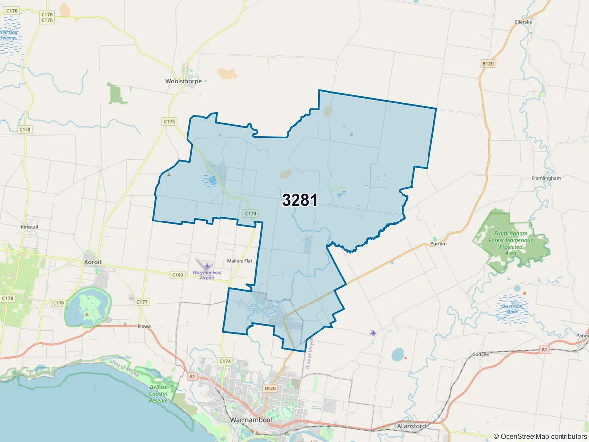 Map of postcode 3281 — Bushfield, VIC, Australia