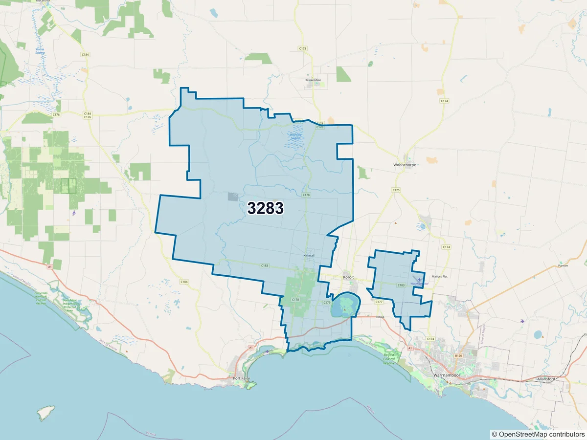Map of postcode 3283 — Kirkstall, VIC, Australia