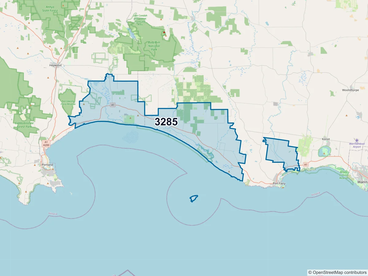 Map of postcode 3285 — Narrawong, VIC, Australia