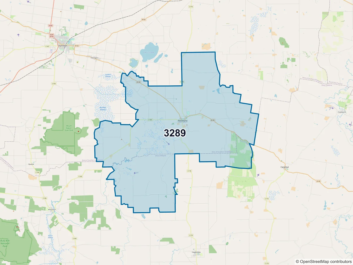 Map of postcode 3289 — Penshurst, VIC, Australia