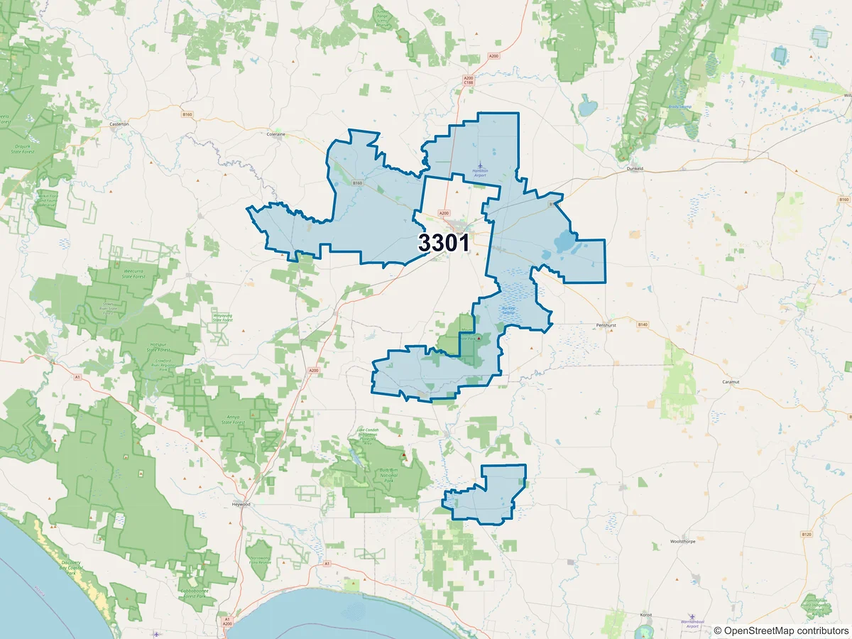 Map of postcode 3301 — Tarrington, VIC, Australia