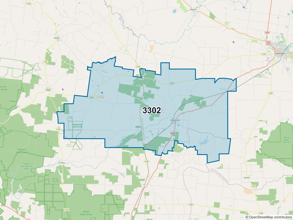 Map of postcode 3302 — Branxholme, VIC, Australia