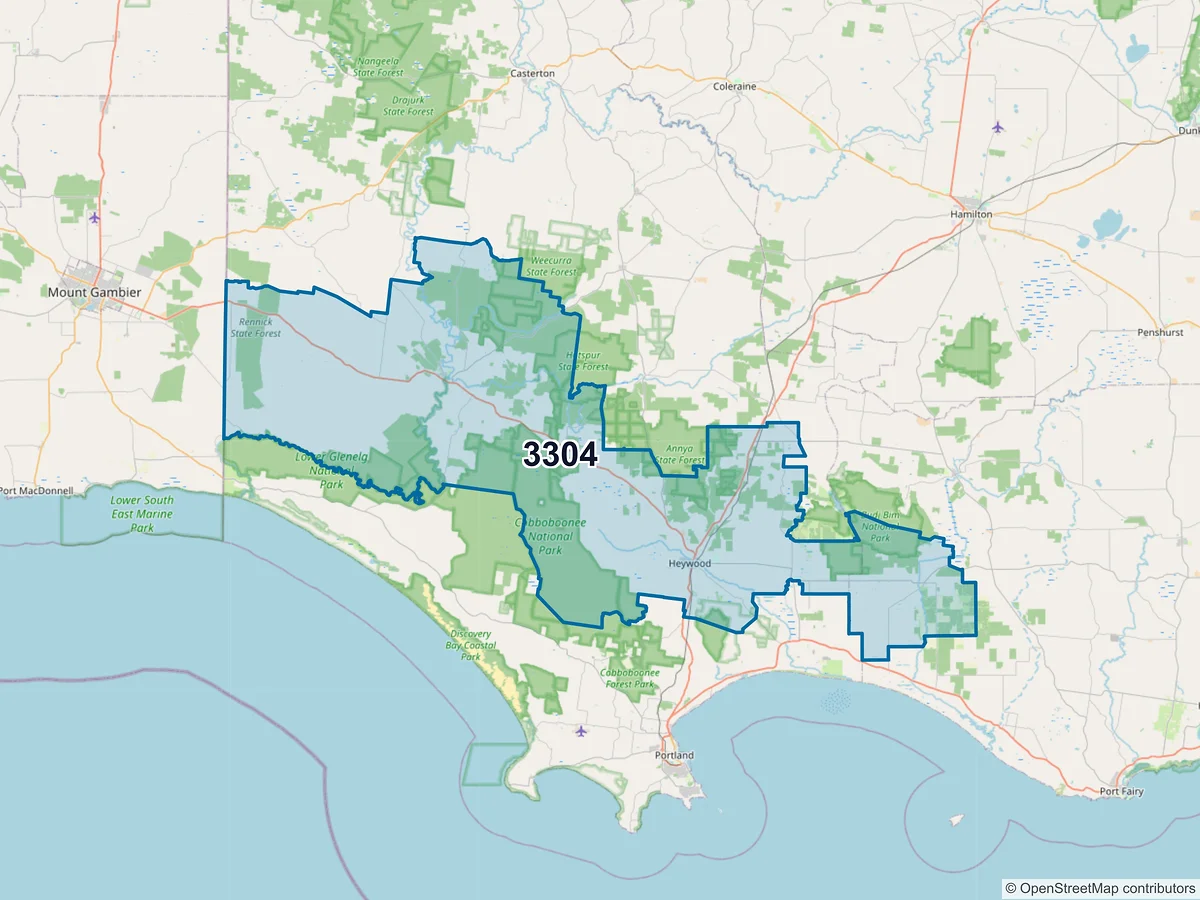 Map of postcode 3304 — Heywood, VIC, Australia