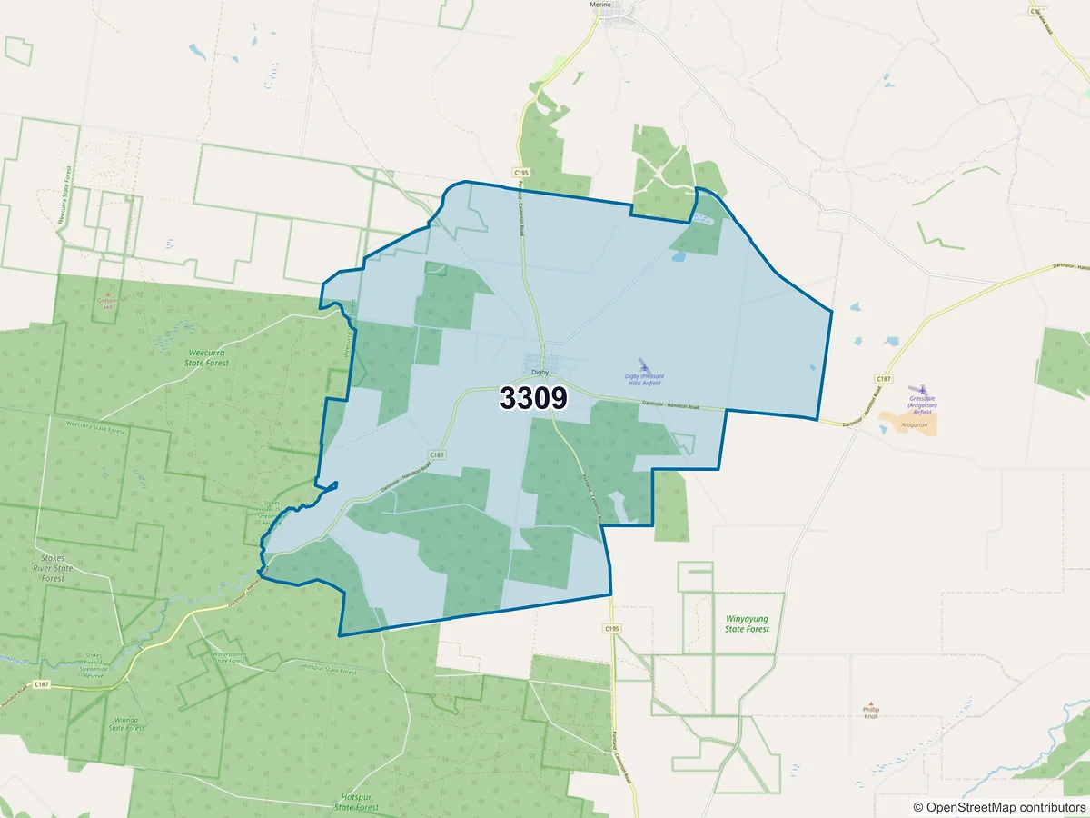Map of postcode 3309 — Digby, VIC, Australia