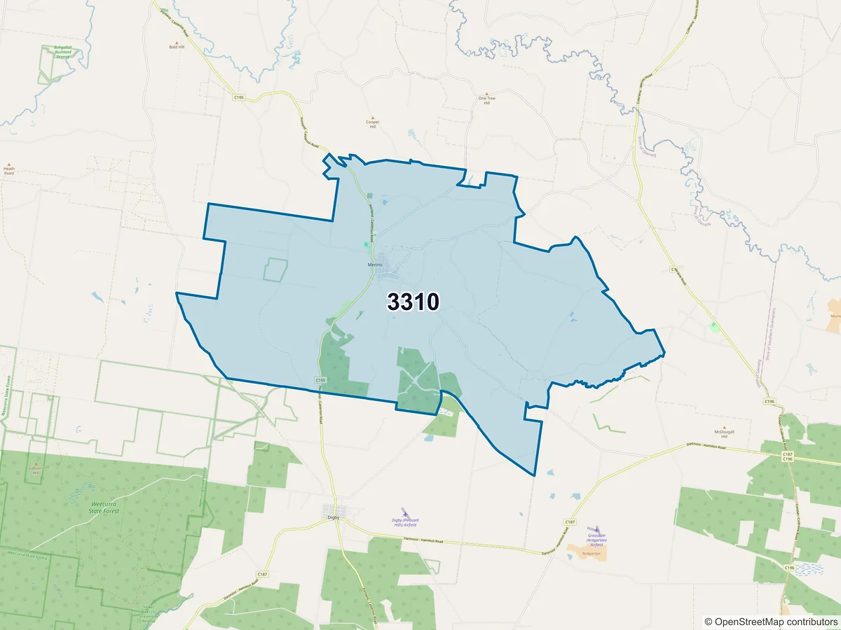 Map of postcode 3310 — Merino, VIC, Australia
