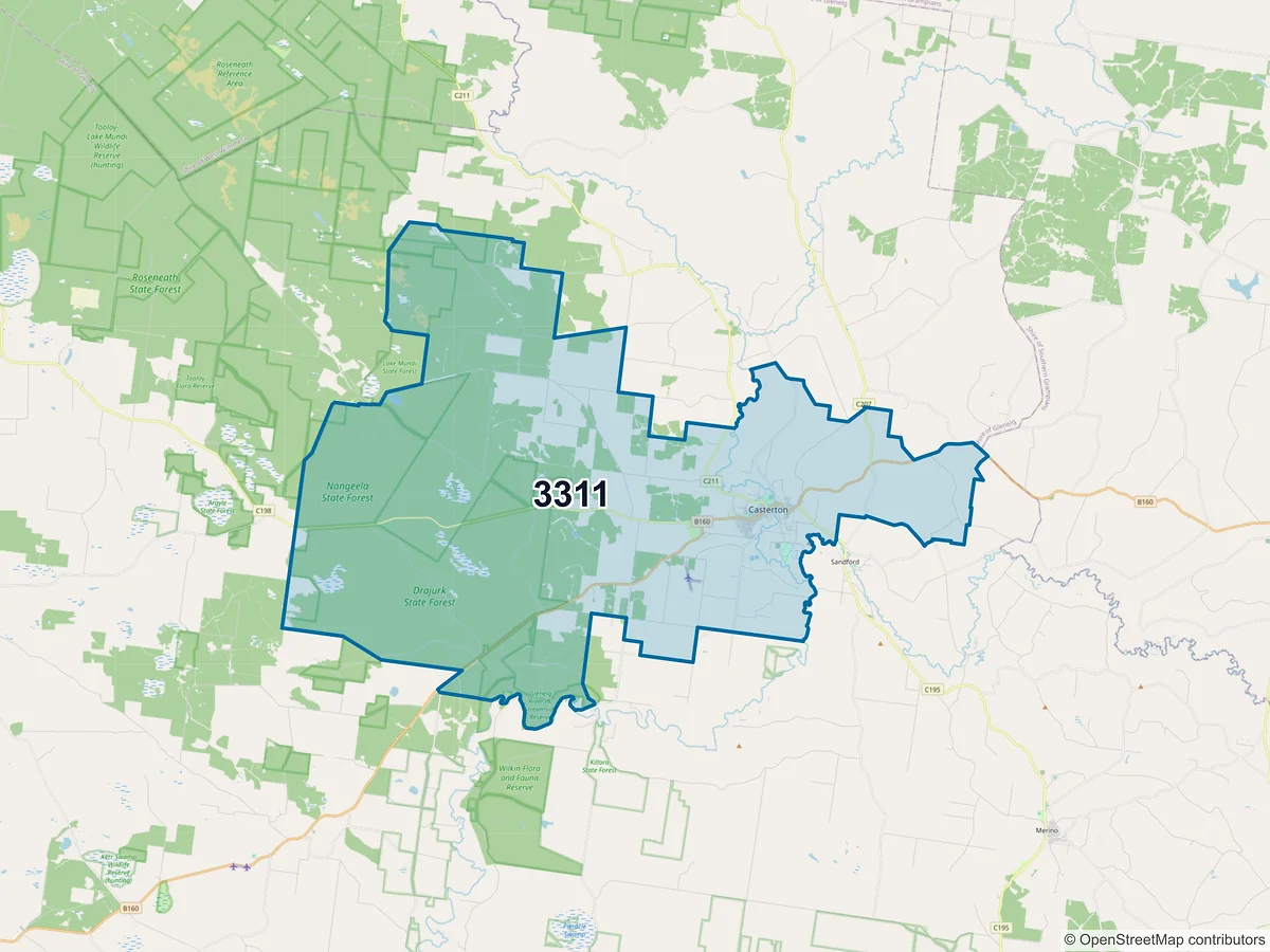 Map of postcode 3311 — Casterton, VIC, Australia