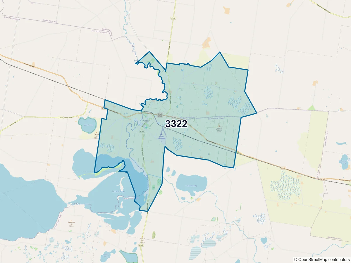 Map of postcode 3322 — Cressy, VIC, Australia