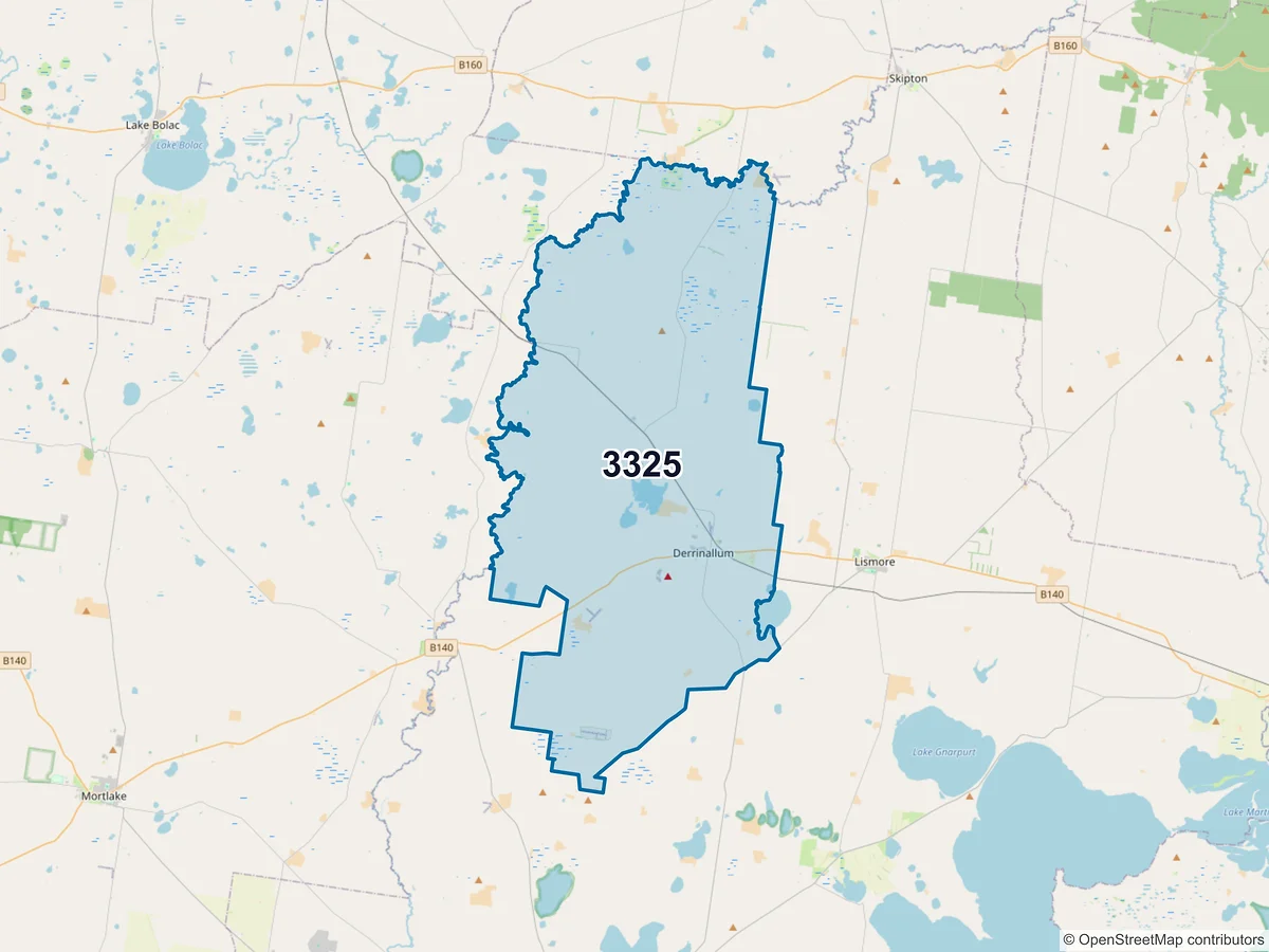 Map of postcode 3325 — Derrinallum, VIC, Australia