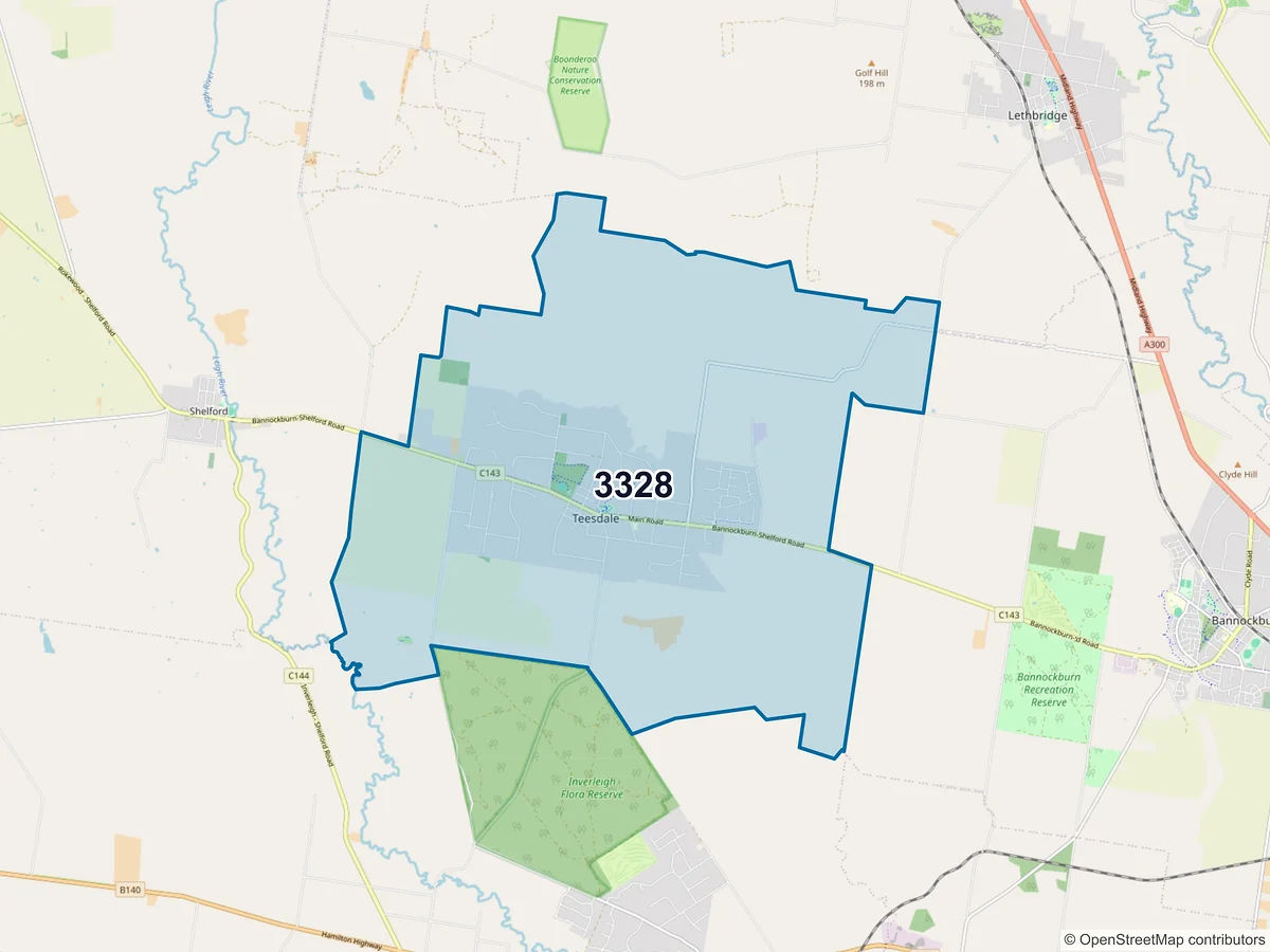 Map of postcode 3328 — Teesdale, VIC, Australia