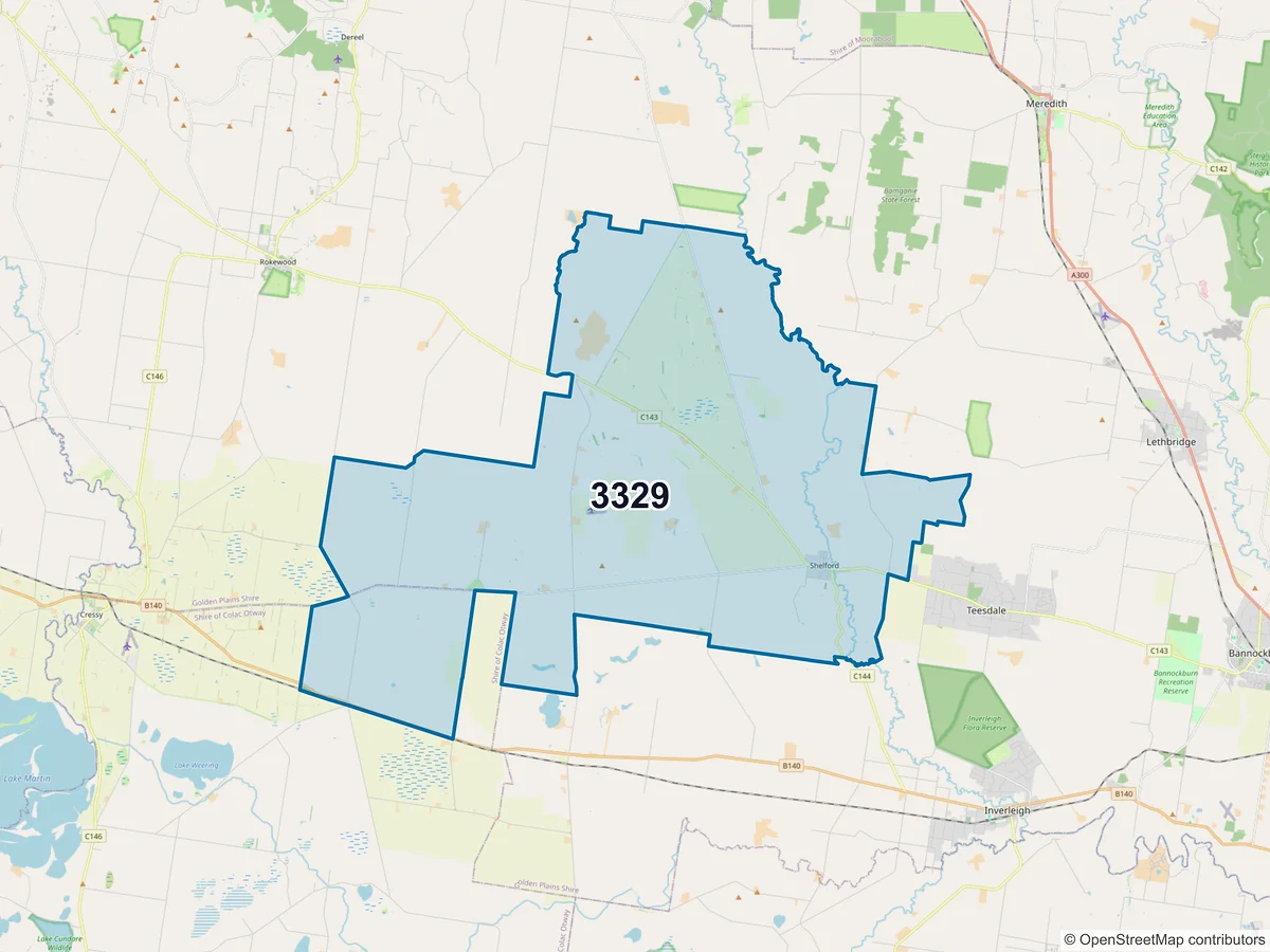 Map of postcode 3329 — Shelford, VIC, Australia