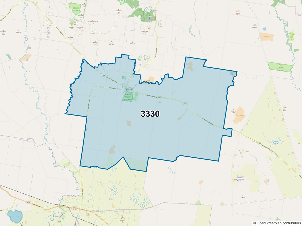 Map of postcode 3330 — Rokewood, VIC, Australia