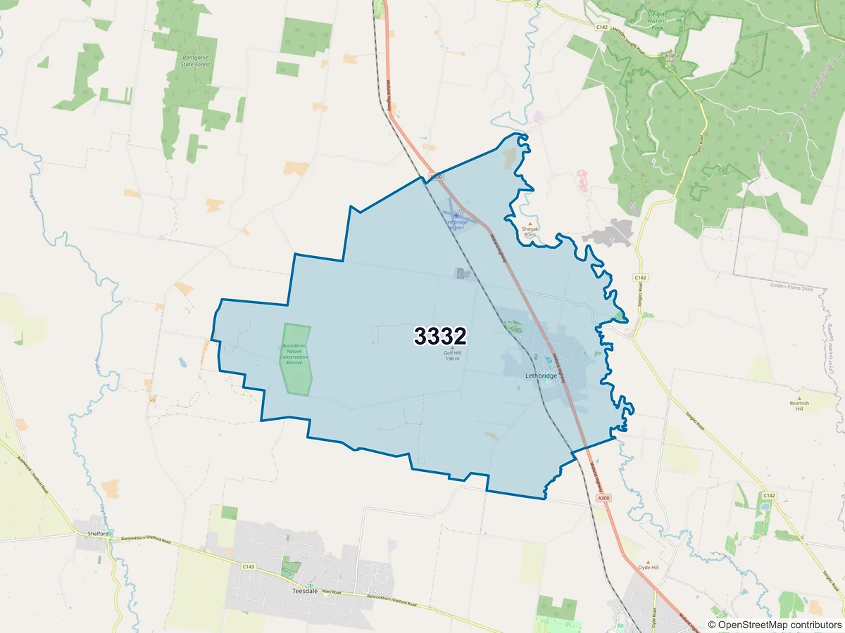 Map of postcode 3332 — Lethbridge, VIC, Australia