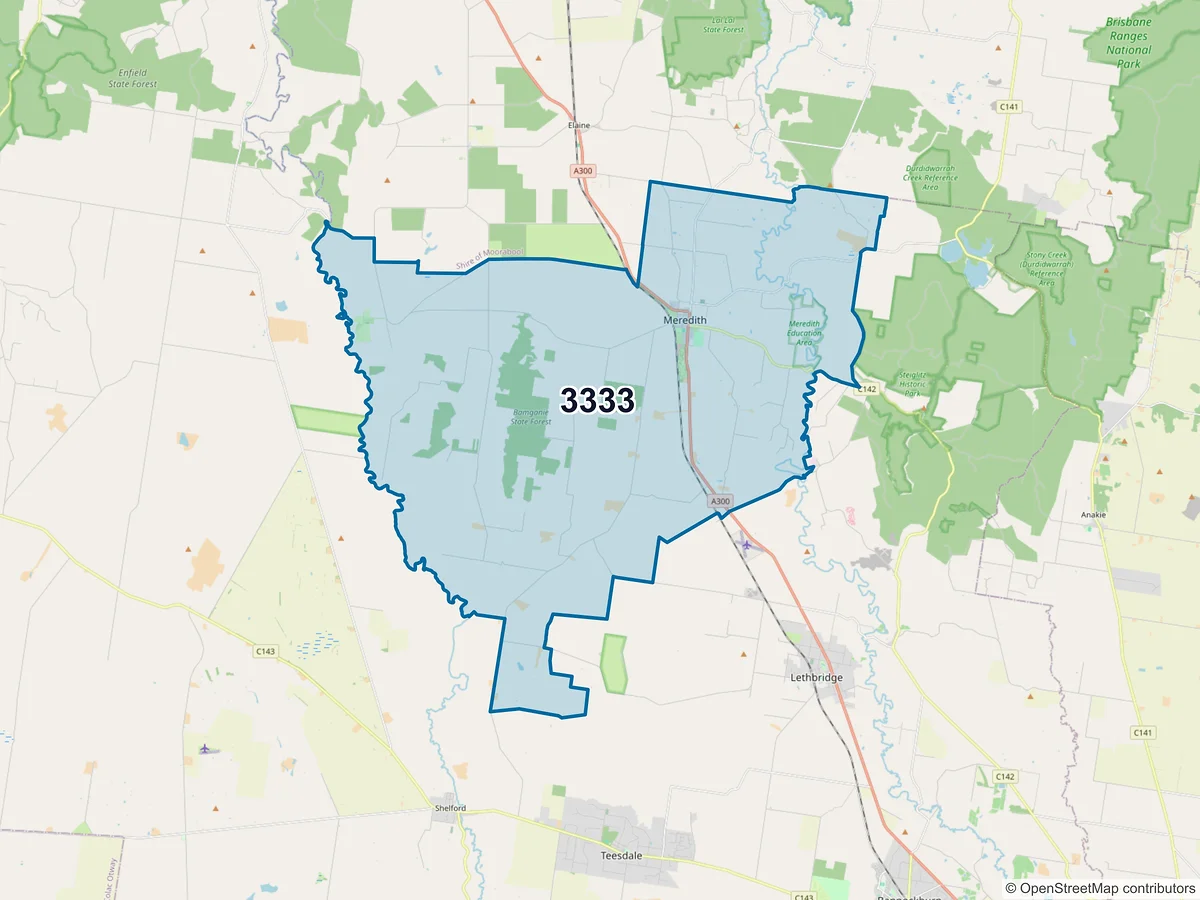 Map of postcode 3333 — Meredith, VIC, Australia